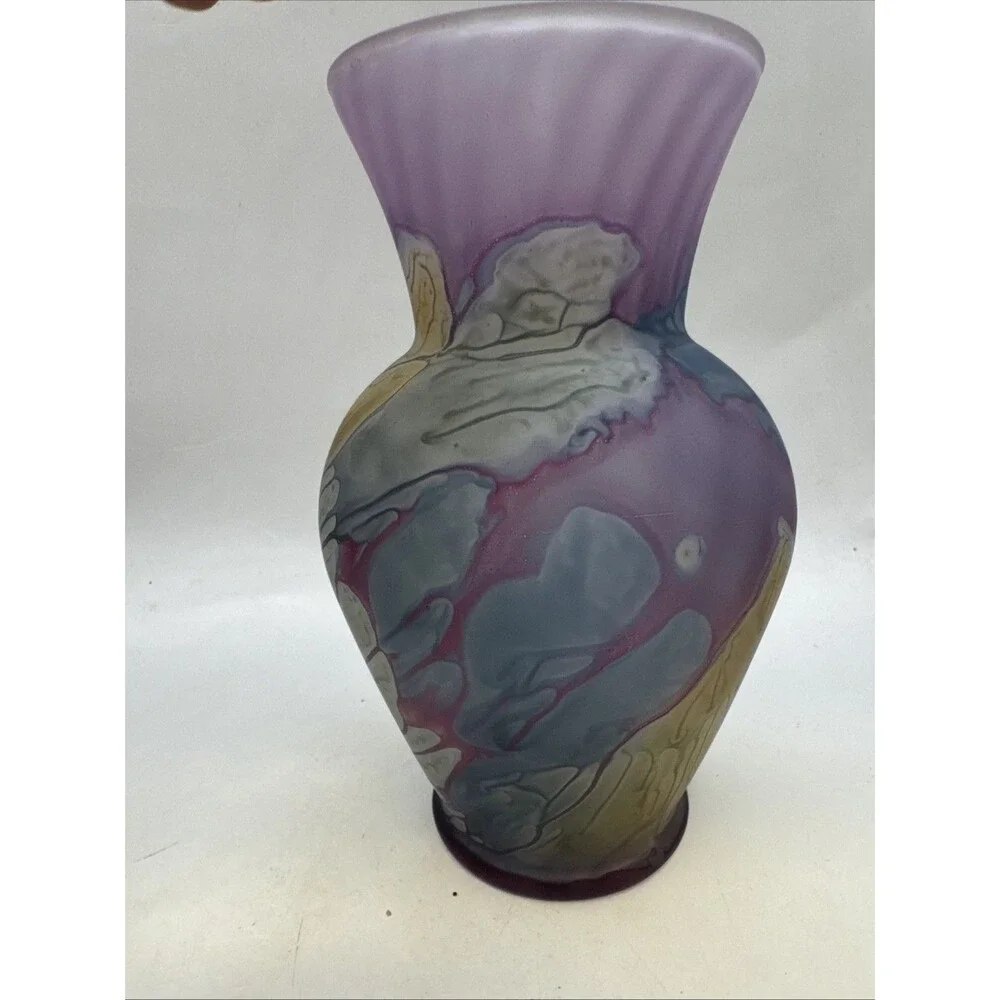 Rueven Nouveau Art Glass Frosted Hand Watercolor Painted Glass Vase Satin Matte